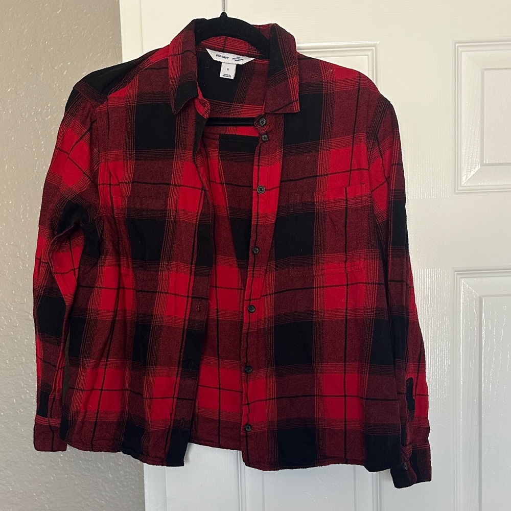 Old Navy Red and Black Plaid Boyfriend Shirt